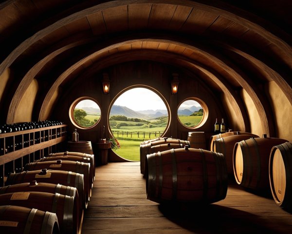 Cozy Wine Cellar with Round Window and Scenic View
