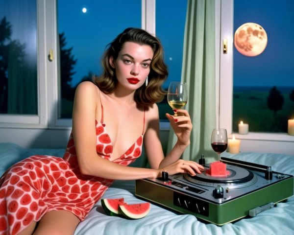 Stylish Woman in Watermelon Dress with Vintage Turntable