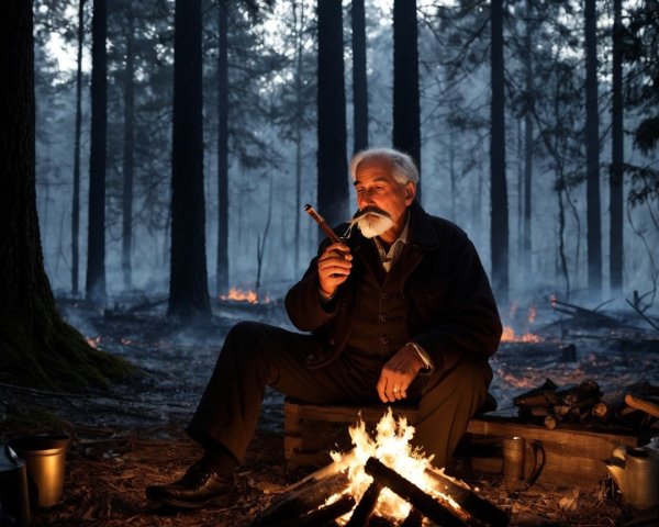 Elderly Man by Campfire in Misty Forest Setting