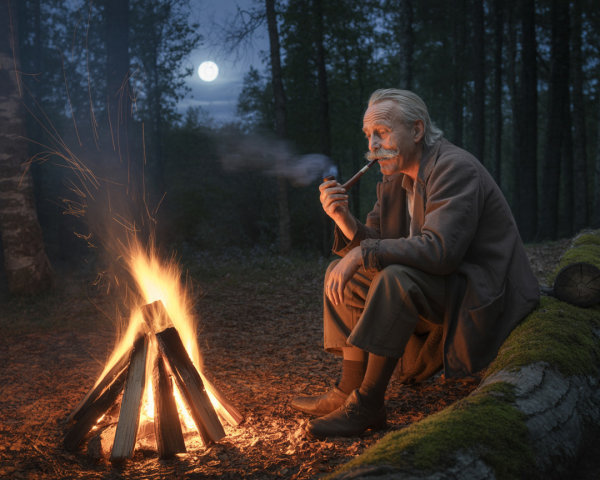 Elderly Man by Campfire in Serene Forest at Night