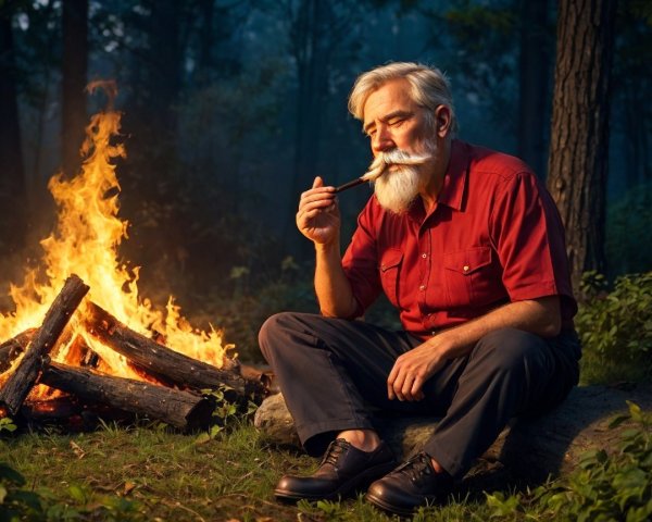 Elderly man by campfire in tranquil forest setting