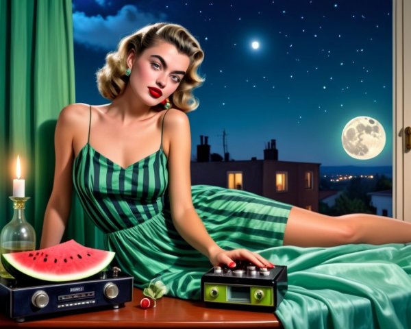 Glamorous Woman in Retro Scene by Window at Night