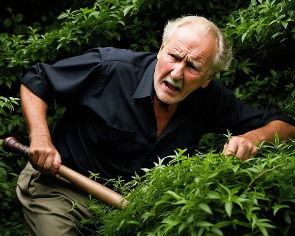 Elderly man in foliage with baseball bat, tense scene