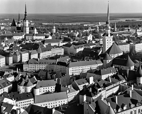 Panoramic Black and White View of Historic Cityscape