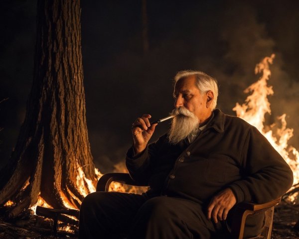 Elderly Man Smoking Pipe by a Flickering Fire