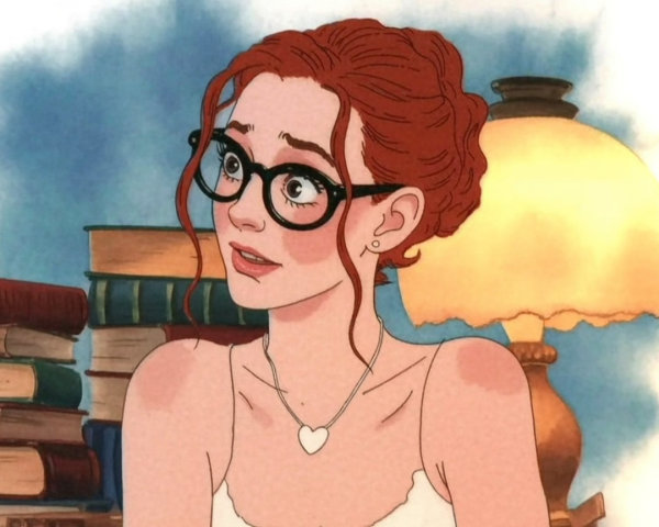 Young woman with red hair and glasses in cozy setting