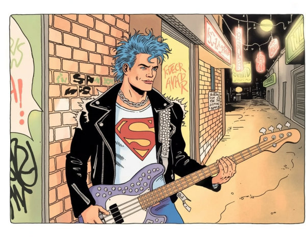 Punk Rocker in Alley with Purple Bass Guitar and Graffiti