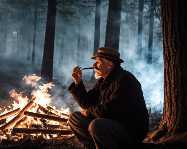 Solitary Figure by Campfire in Misty Forest