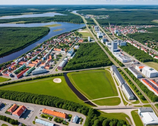 Aerial View of a Colorful Town in Greenery