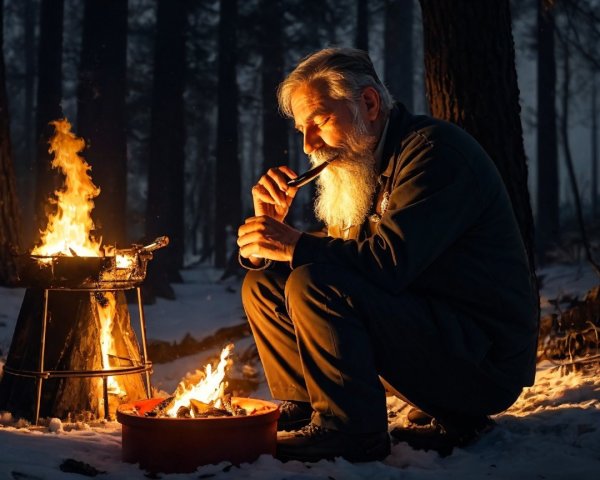 Elderly man plays flute by campfire in snowy forest