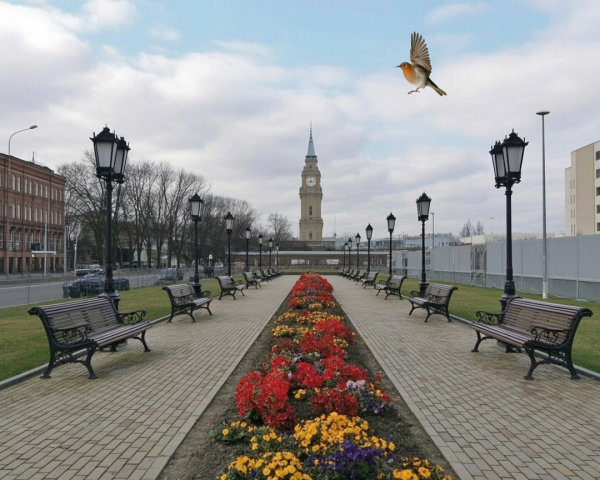 Scenic Park Walkway with Flower Beds and Tower