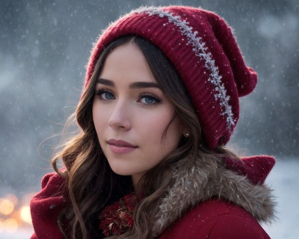 Young woman in cozy red hat and coat in snow scene