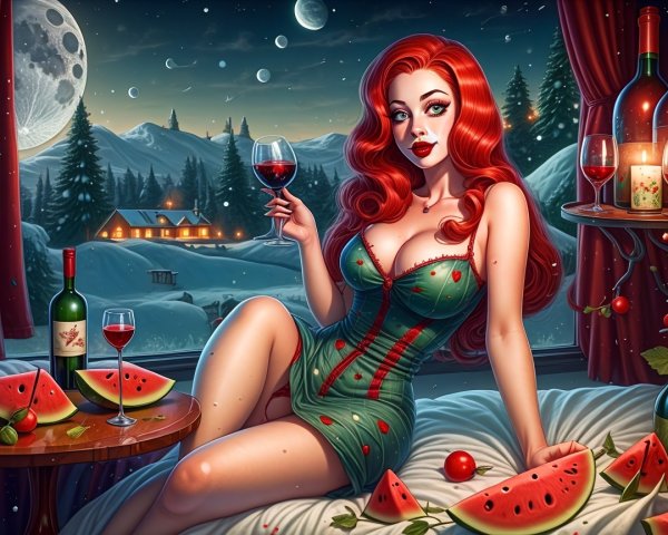 Elegant Woman in Green Dress with Wine and Watermelons