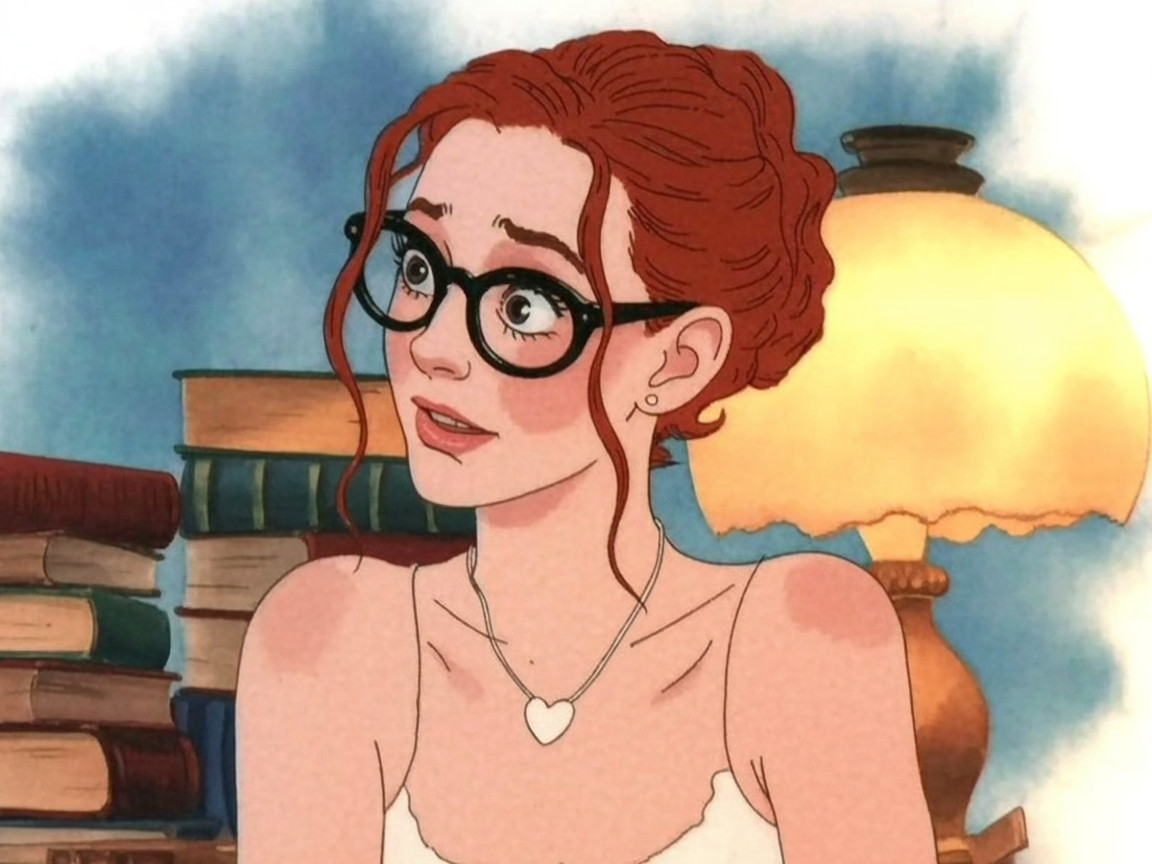 Young woman with red hair and glasses in cozy setting