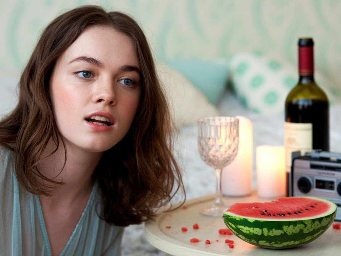 Close-Up of Young Woman with Watermelon and Wine