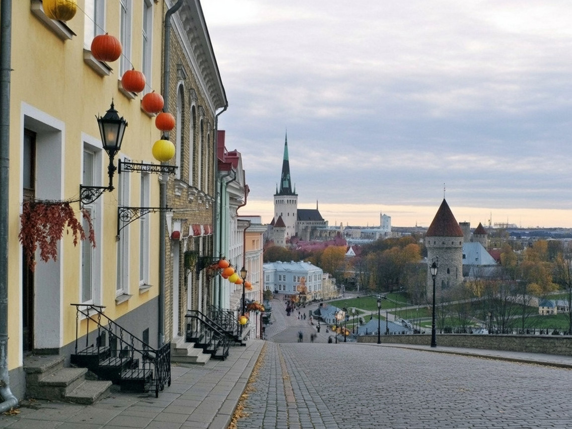 Cobblestone Street in Tallinn with Colorful Buildings