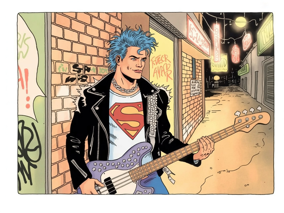Punk Rocker in Alley with Purple Bass Guitar and Graffiti