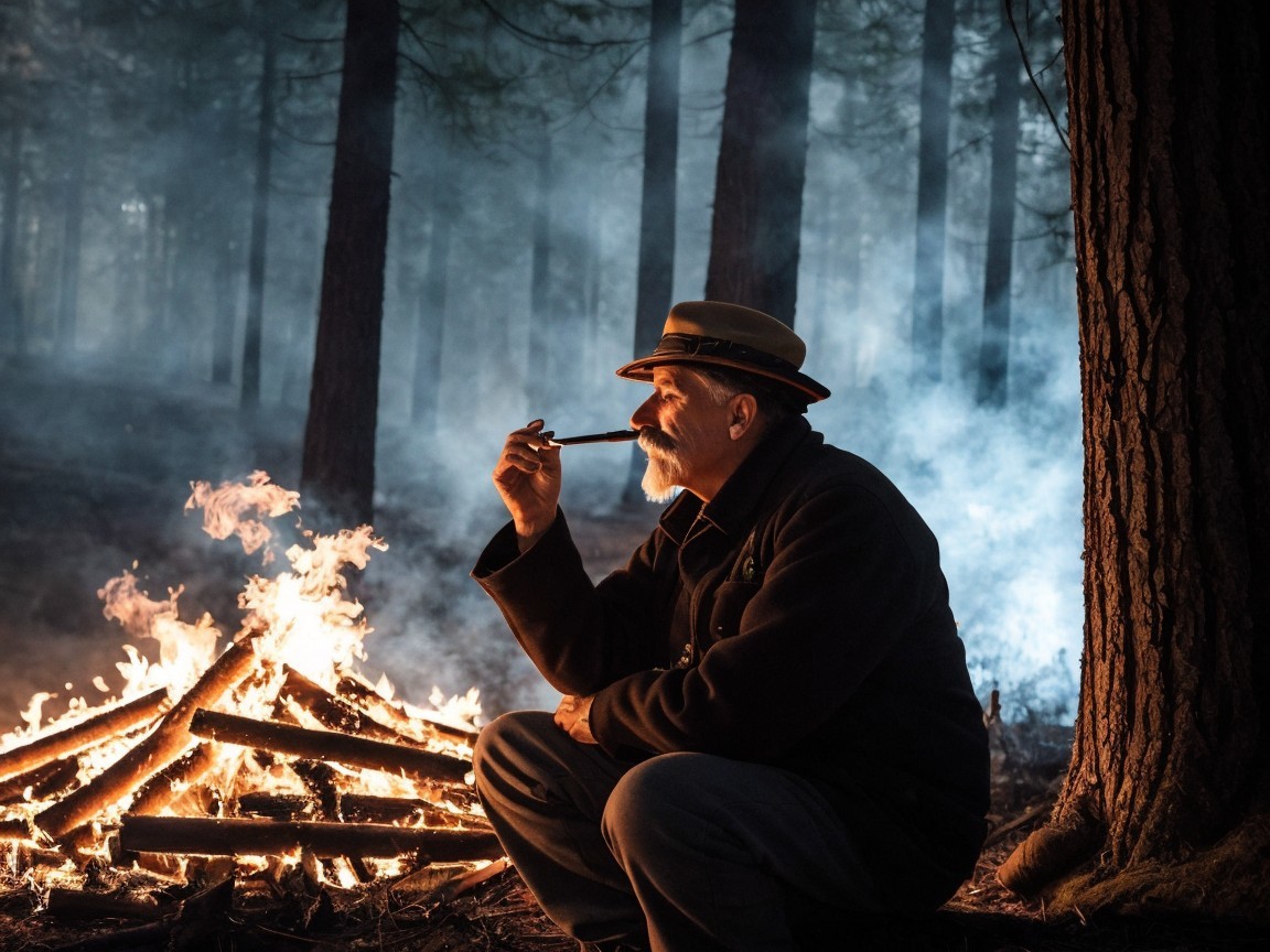 Solitary Figure by Campfire in Misty Forest