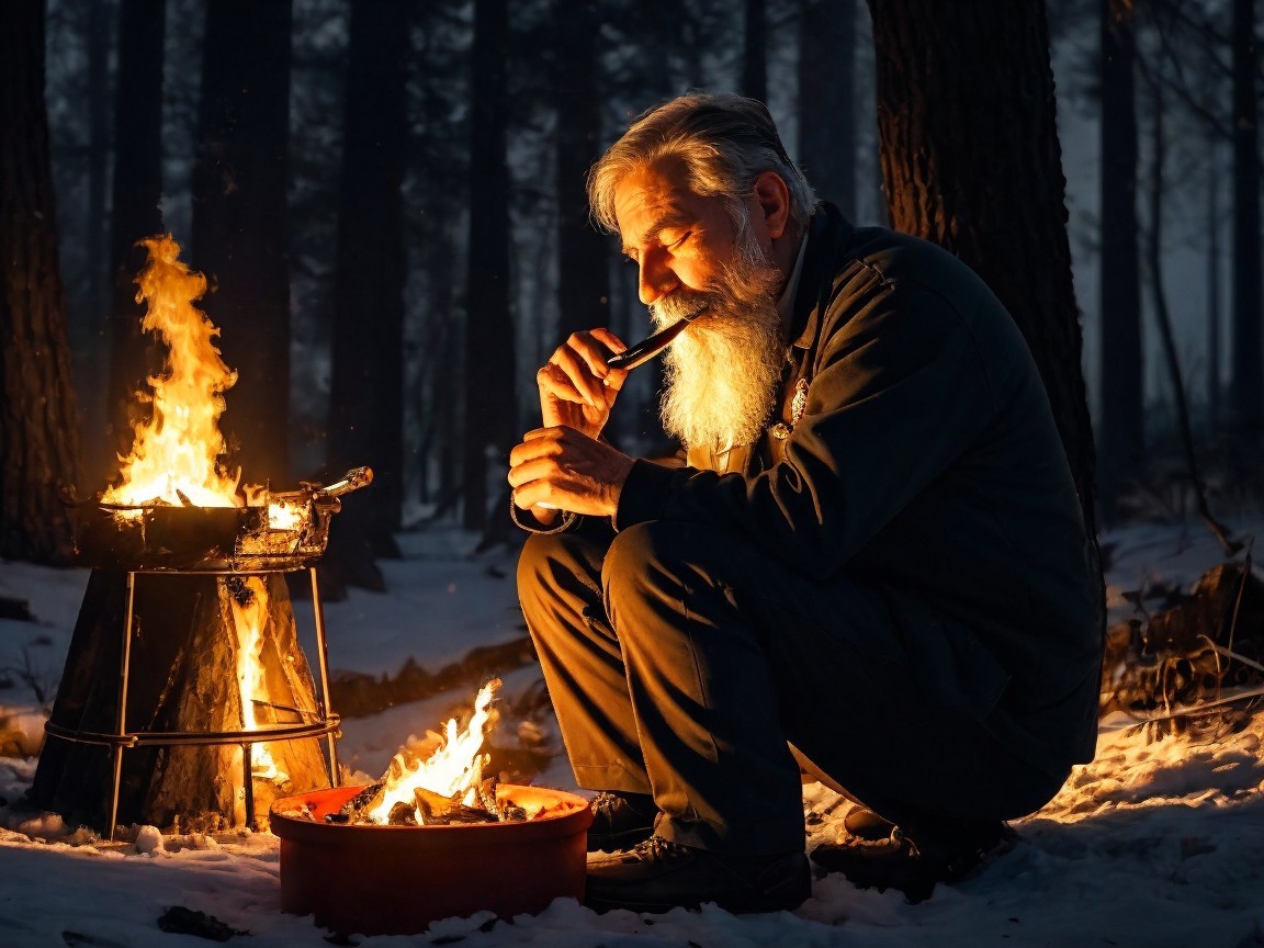 Elderly man plays flute by campfire in snowy forest