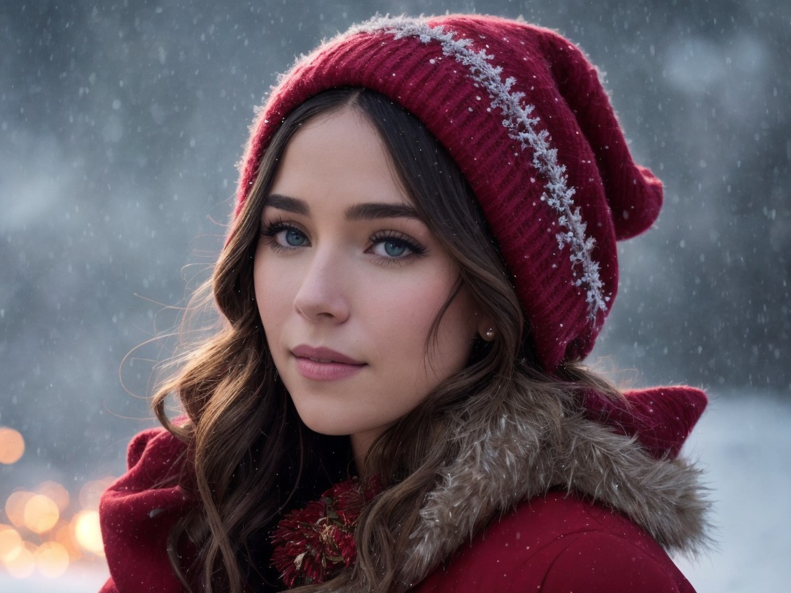 Young woman in cozy red hat and coat in snow scene