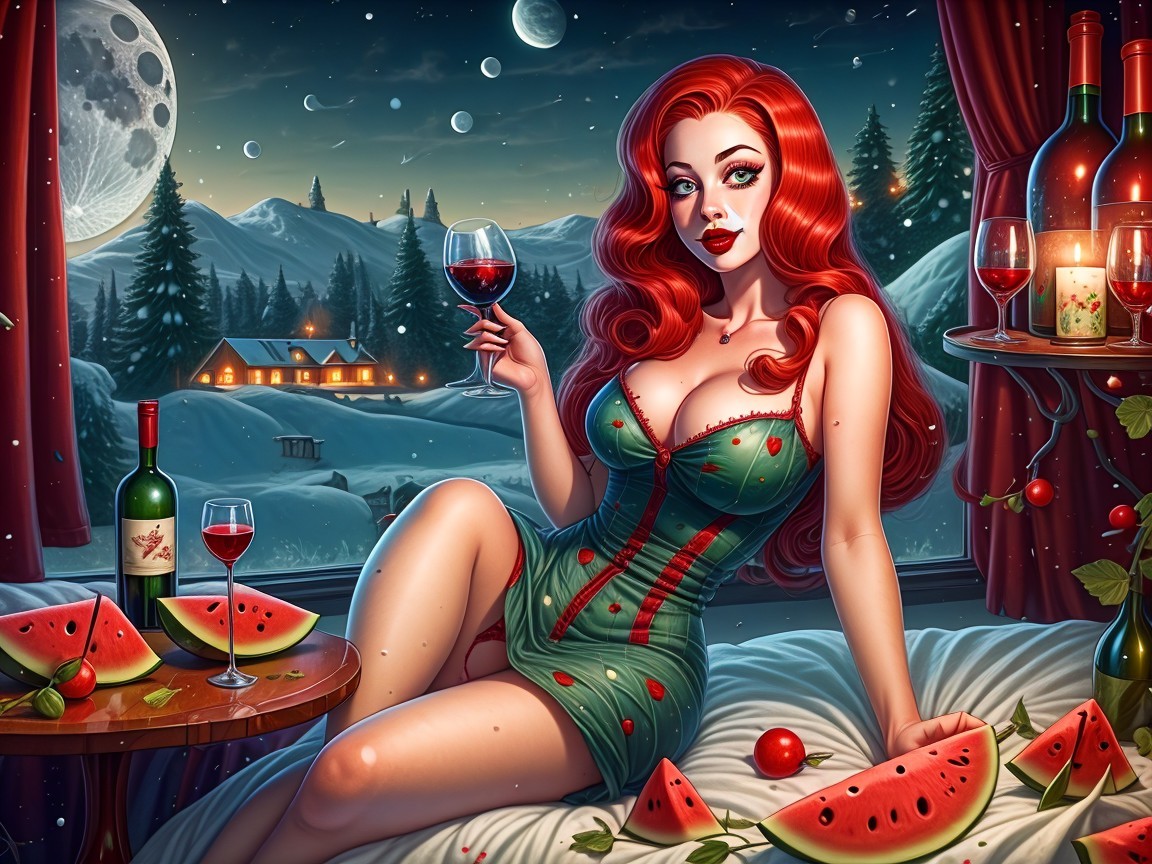 Elegant Woman in Green Dress with Wine and Watermelons