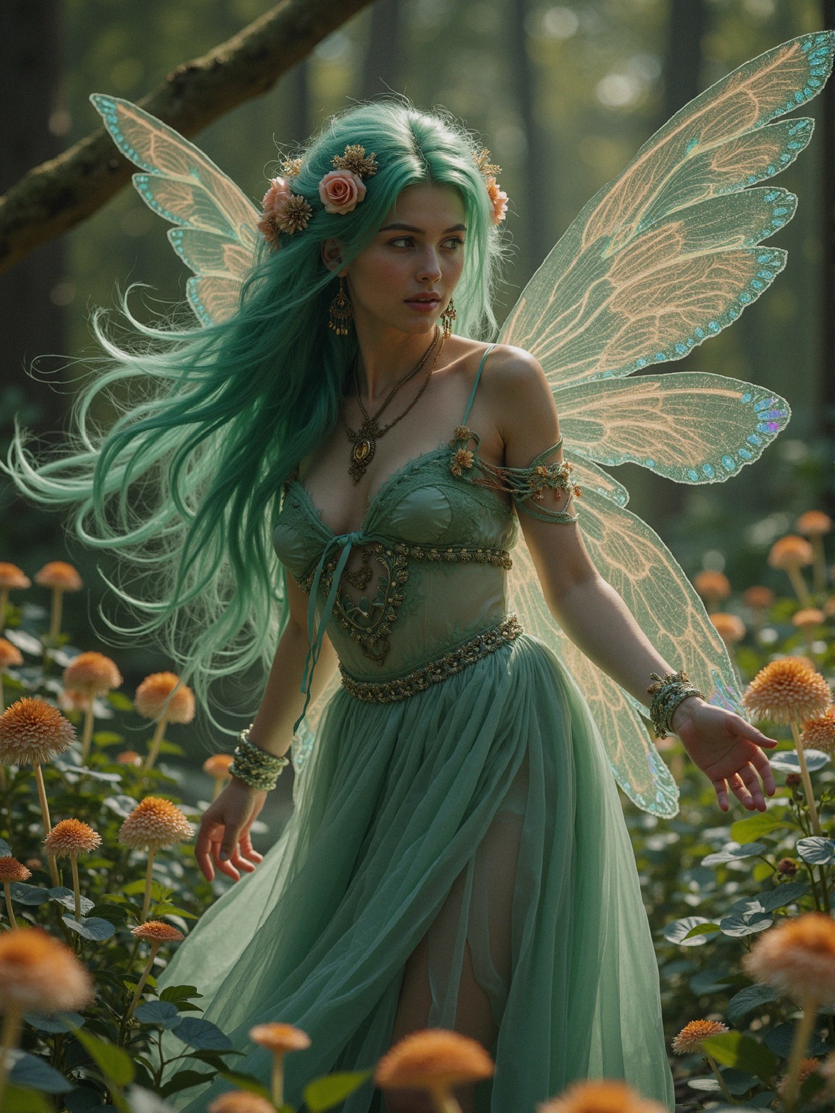 Mystical fairy in floral meadow with teal hair and wings