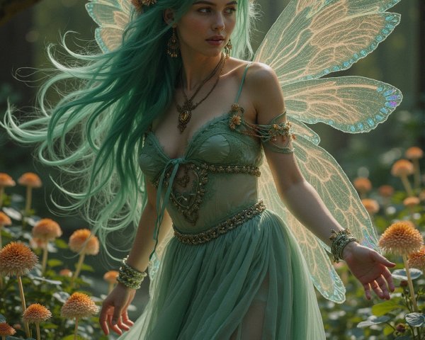 Mystical fairy in floral meadow with teal hair and wings