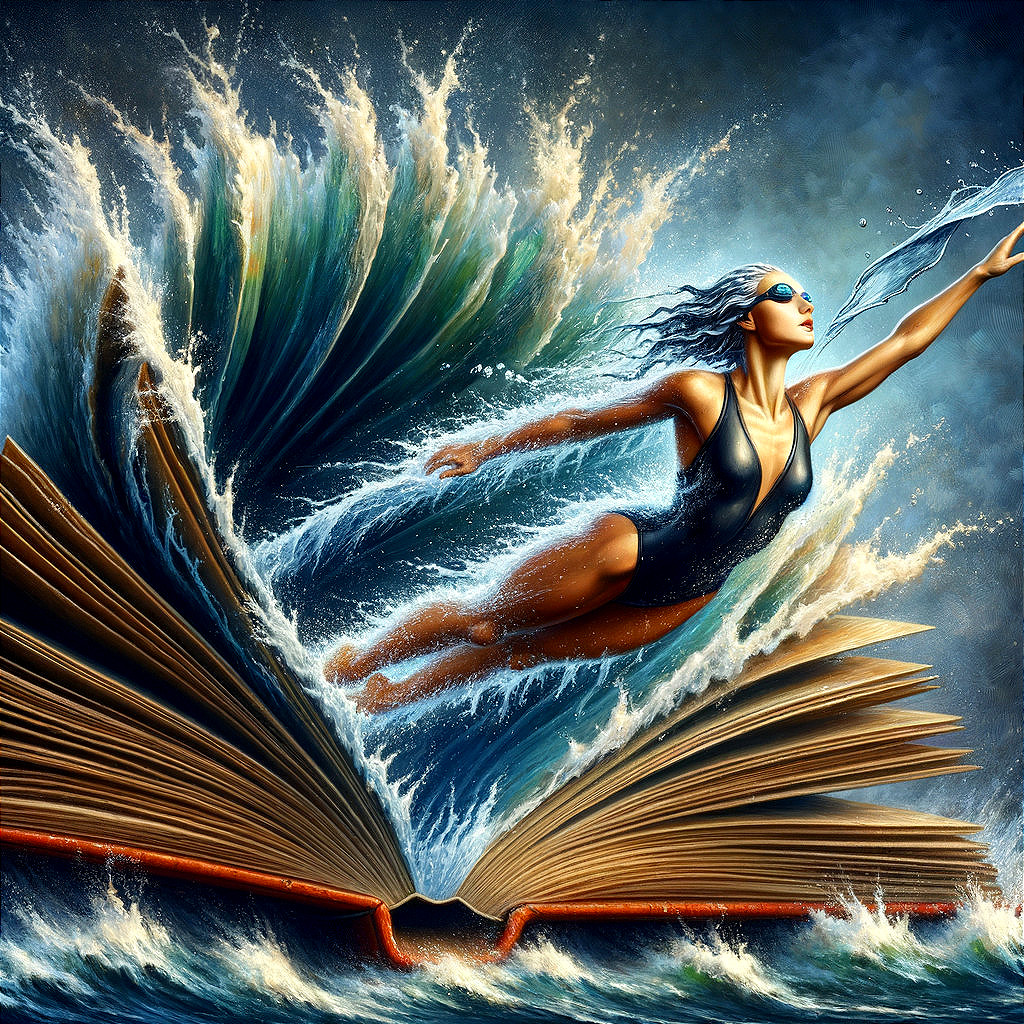 Surreal Scene of Swimmer Emerging from a Book