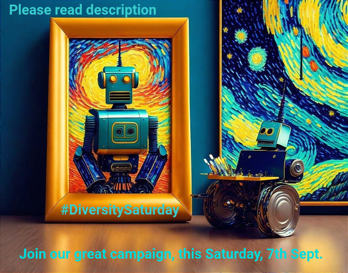 Robot painting of itself on "Starry Night" backdrop with text and date overlay.