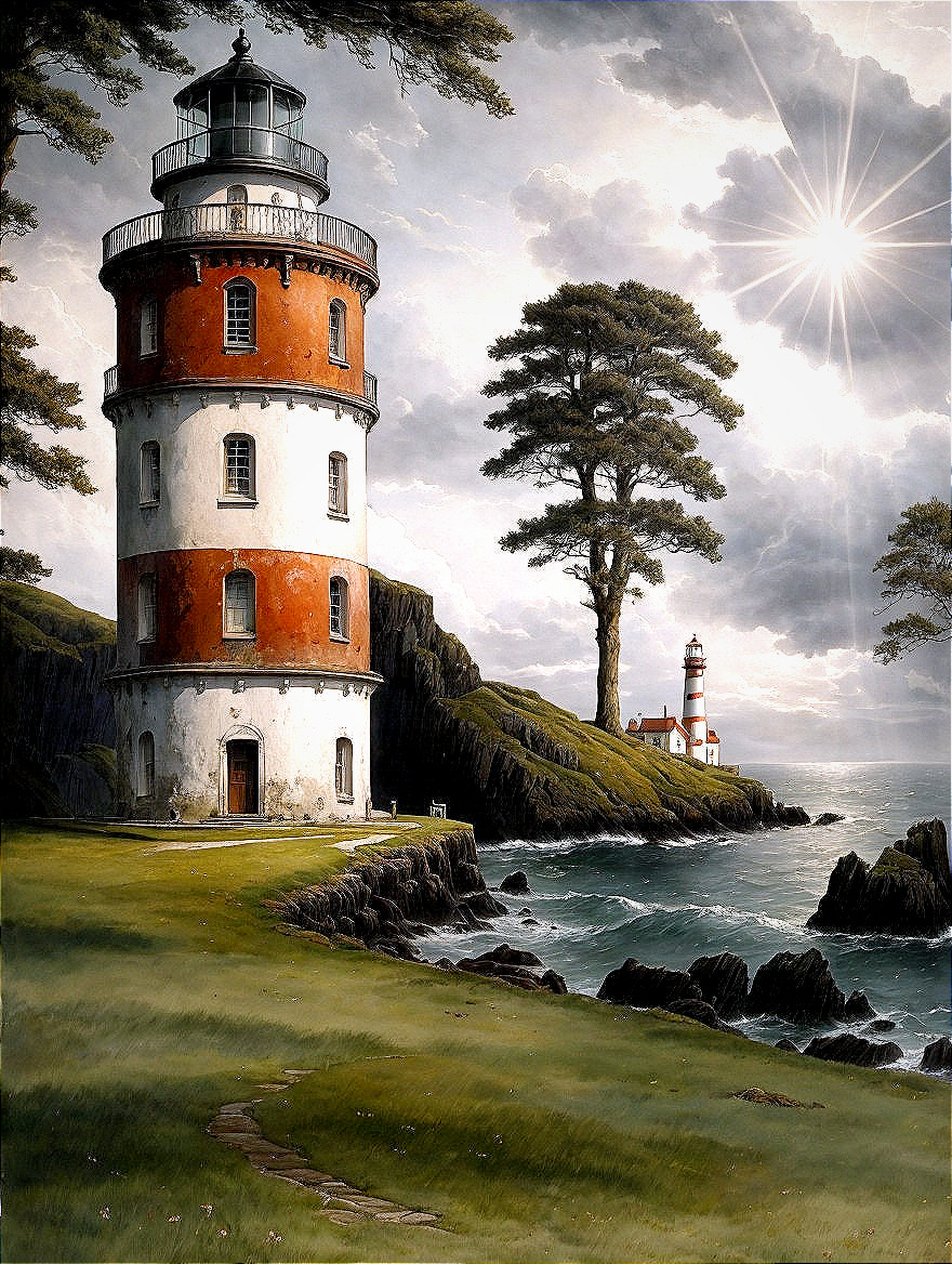 Lighthouses on Rocky Coastline Under Radiant Sunlight