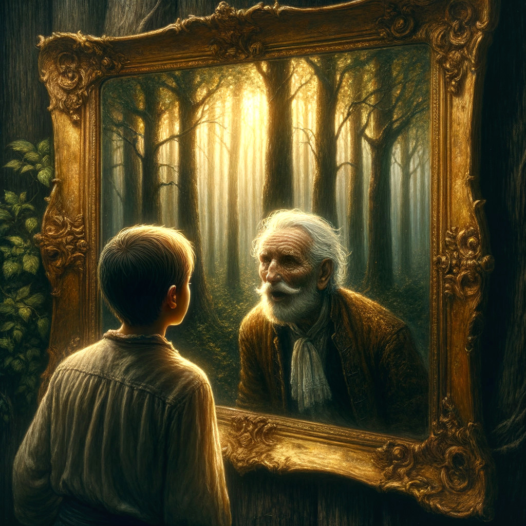 Young Boy and Elderly Man in a Mystical Forest Scene