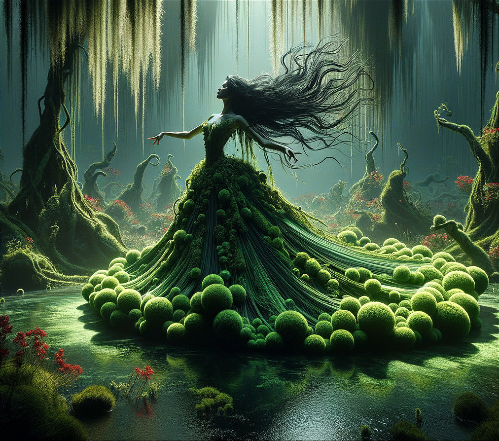 Figure in Greenery Dress in Mystical Landscape