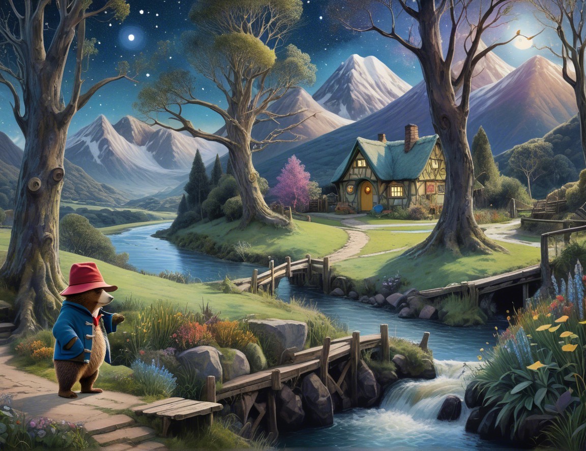 Bear in Blue Coat by Stream with Cozy Cottage