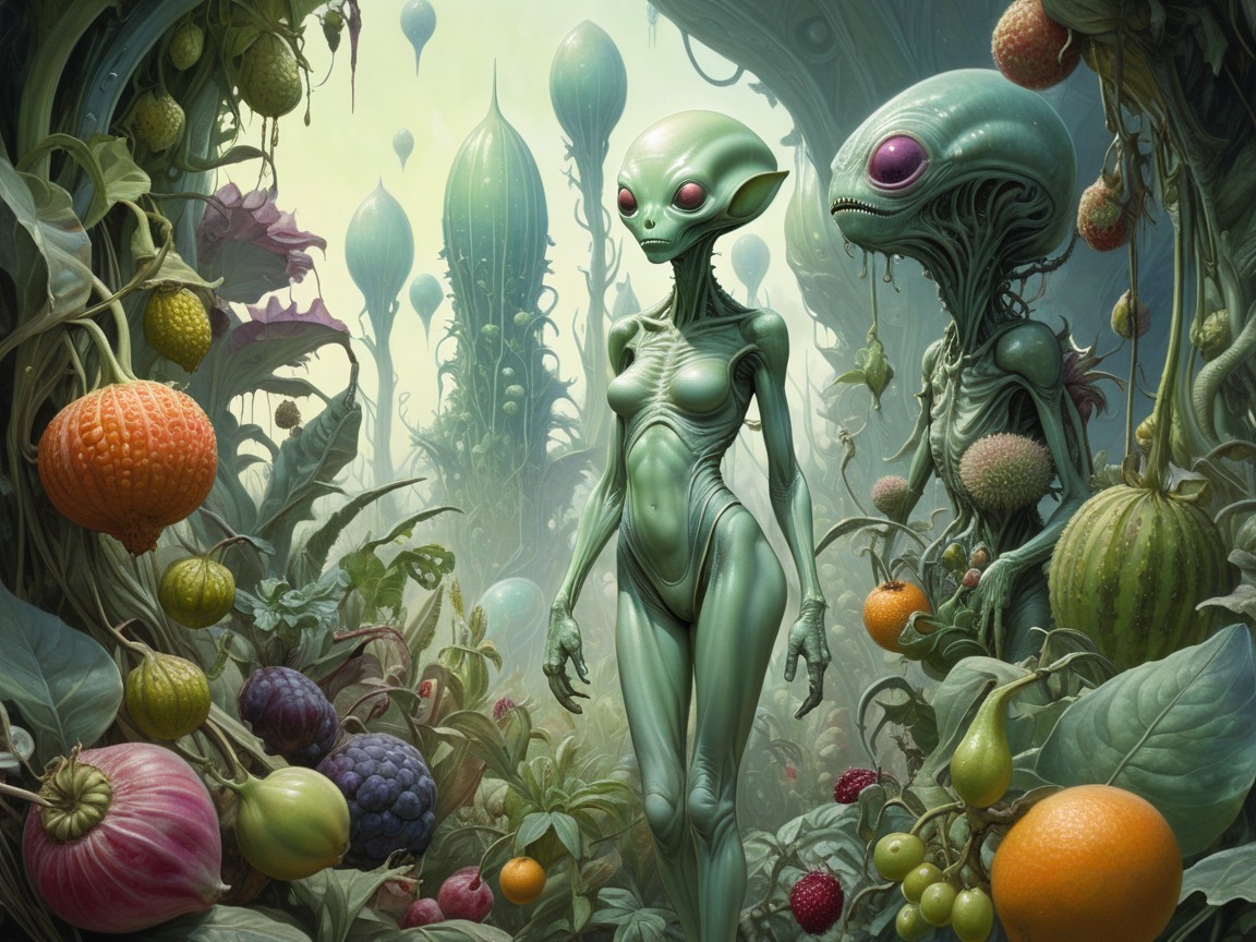 Lush Fantastical Garden with Alien Figures and Plants