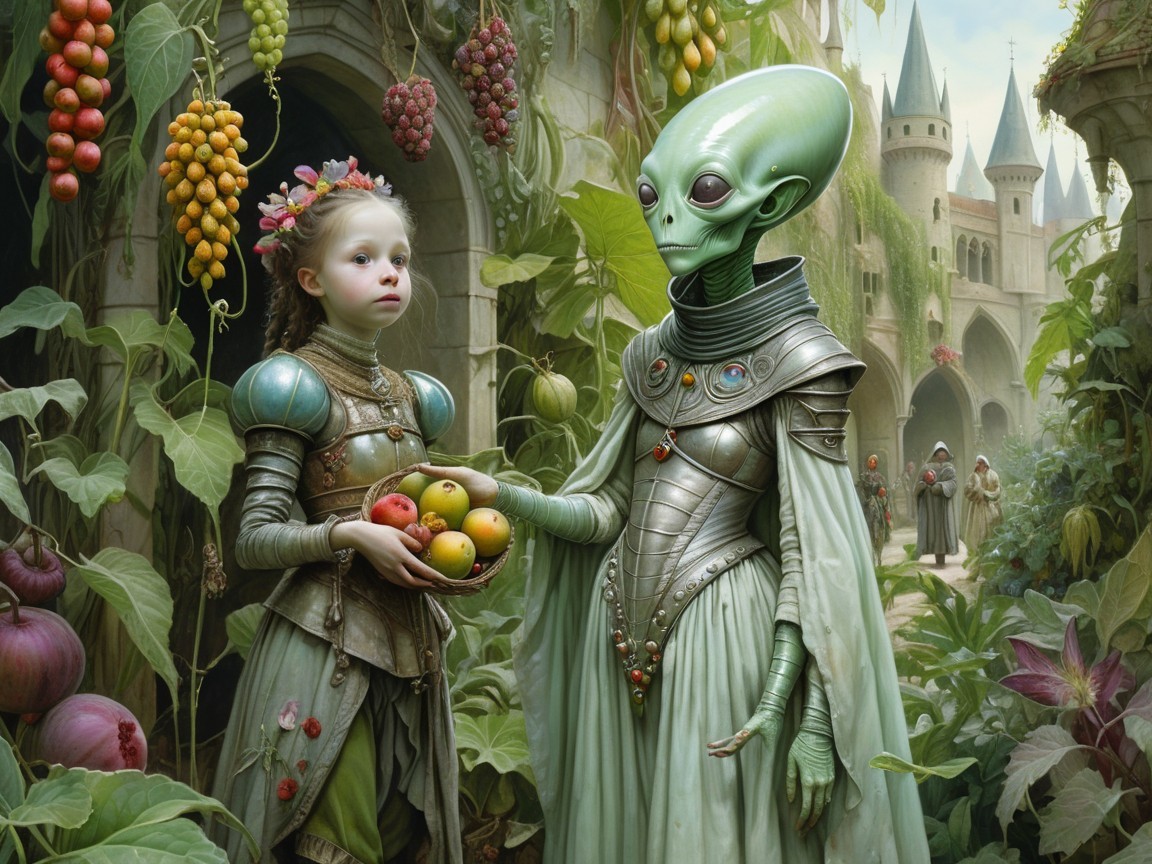 Enchanted garden with a girl and an alien figure