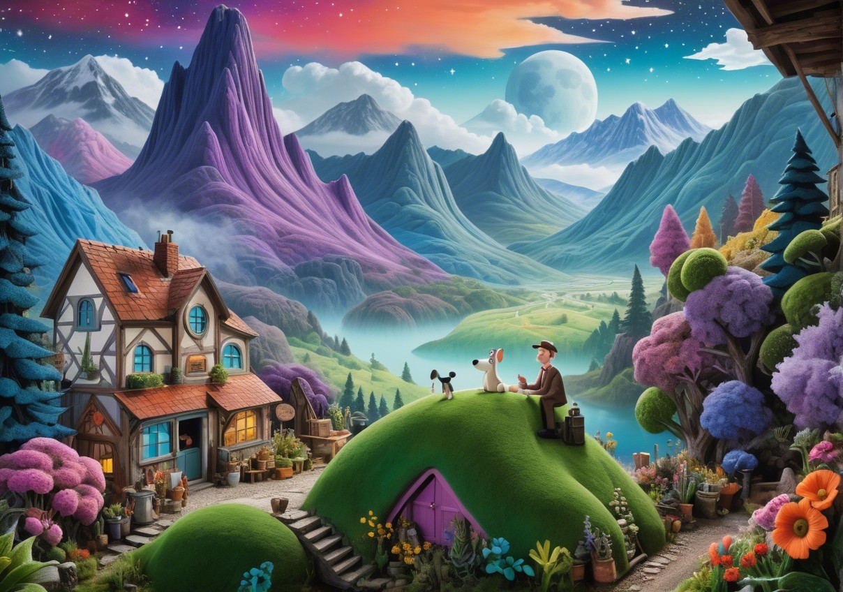 Whimsical Landscape with Man, Dog, and Serene Lake