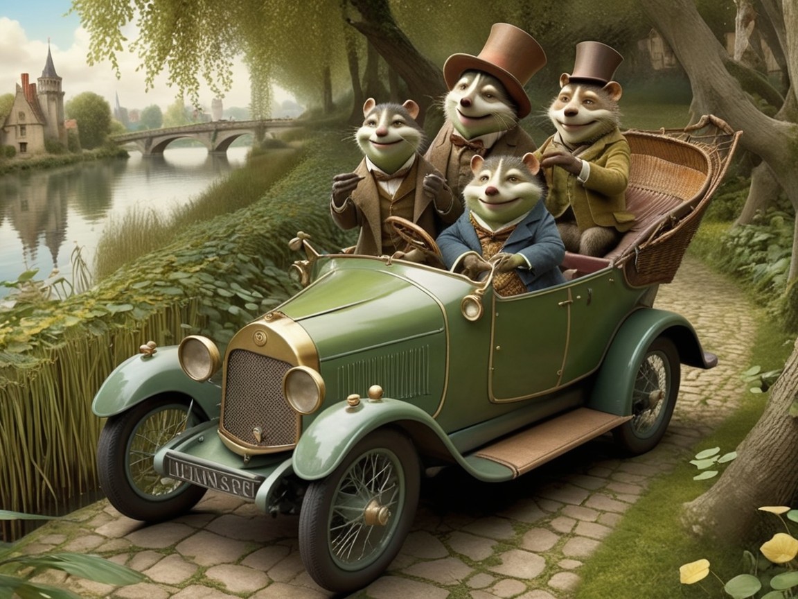 Dapper Animals in Vintage Car Amid Scenic Landscape