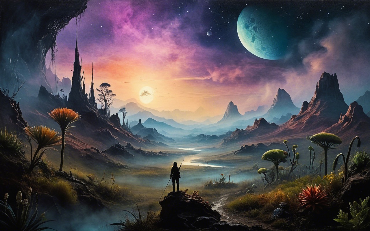 Alien Landscape with Sunset, Moons, and Unique Flora