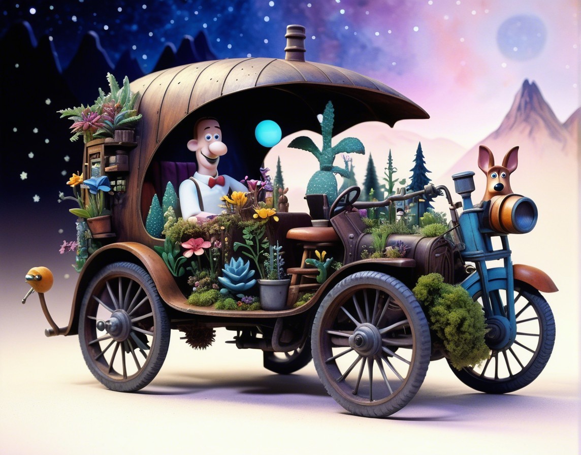 Vintage-style vehicle with plants and whimsical character