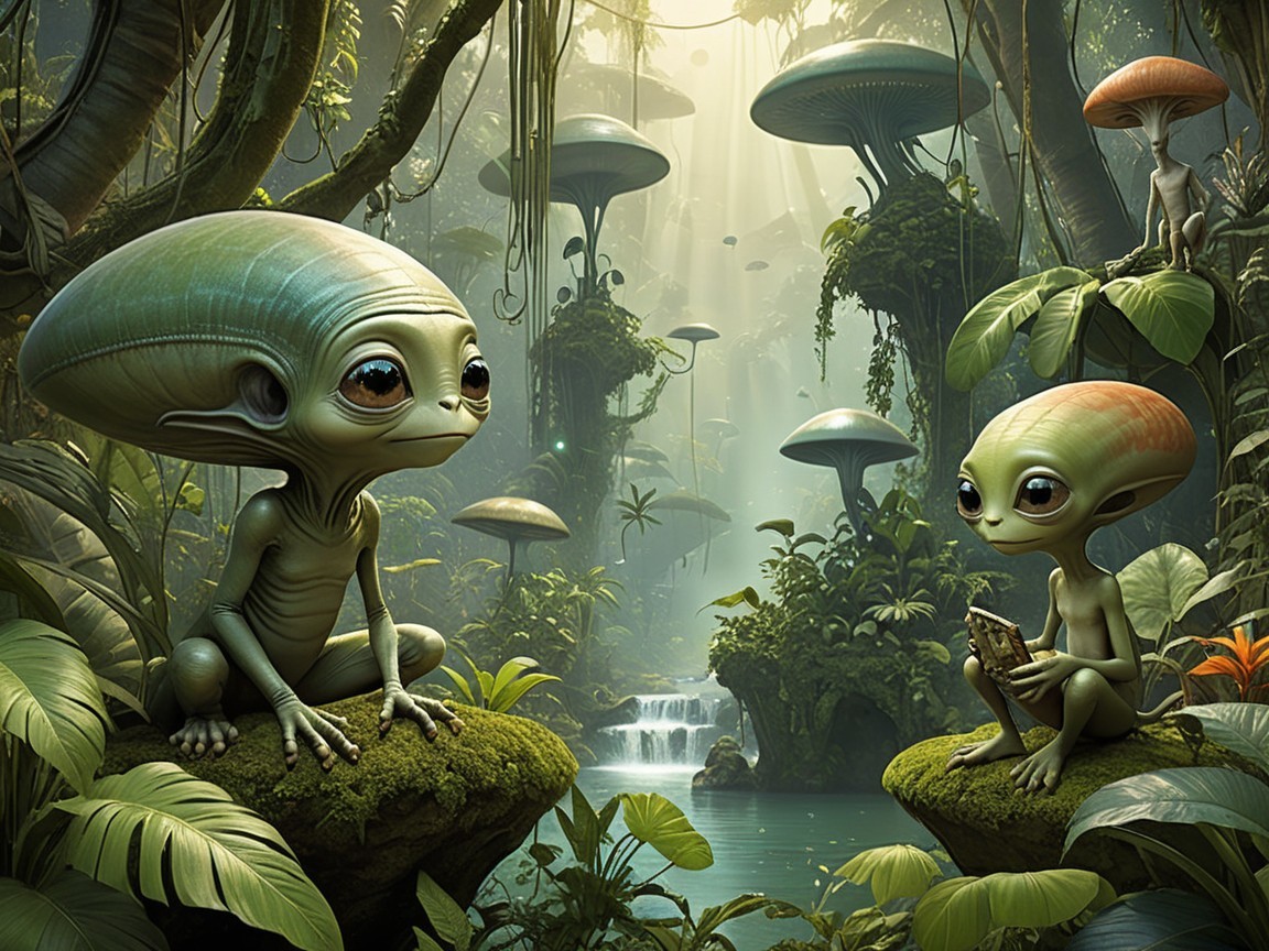 Whimsical Aliens in a Vibrant Jungle Setting
