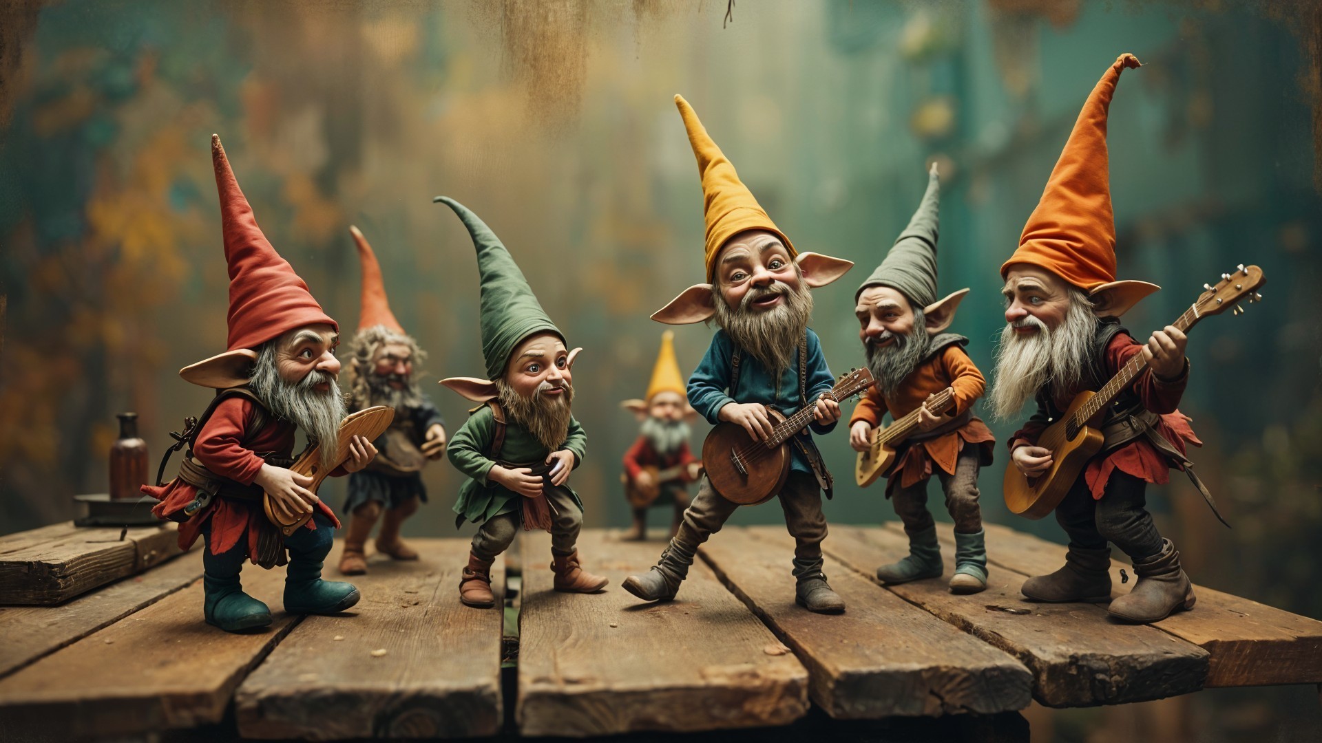 Lively Gnomes on Stage in Enchanting Forest Scene