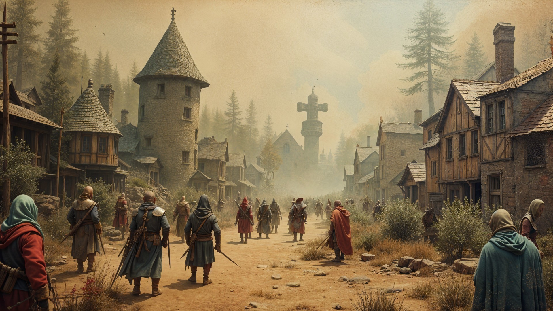 Medieval Village Scene with Stone Houses and Church