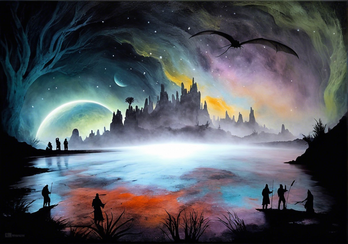 Surreal Landscape with Vibrant Lake and Mountains