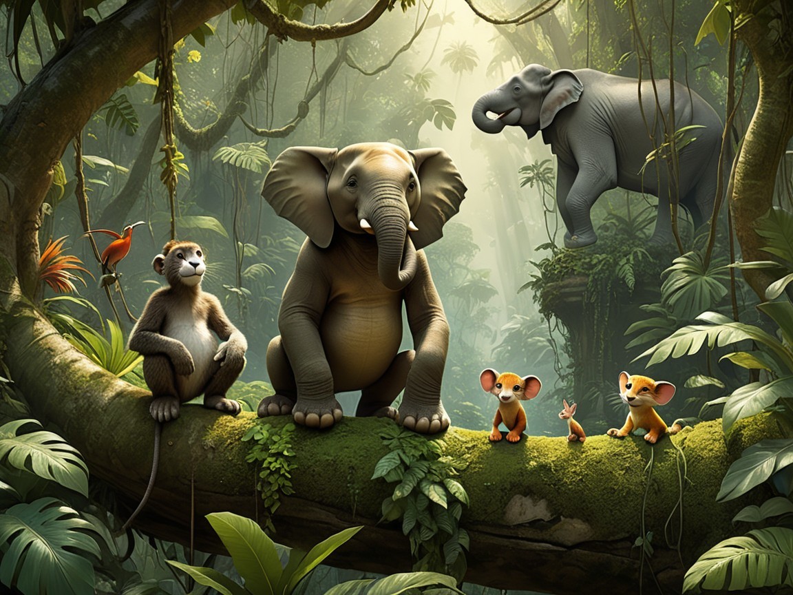 Wildlife Gathering in a Lush Jungle Setting