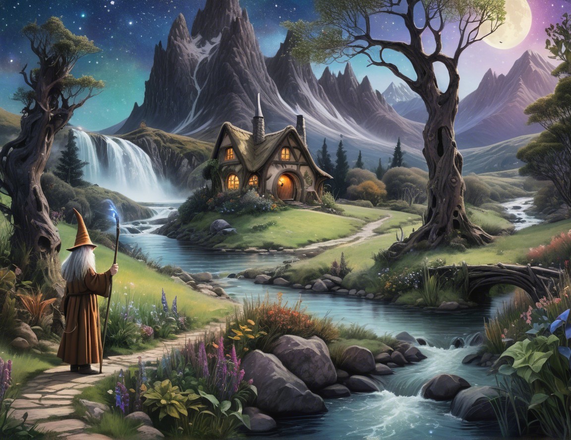 Serene Fantasy Landscape with Cottage and Wizard