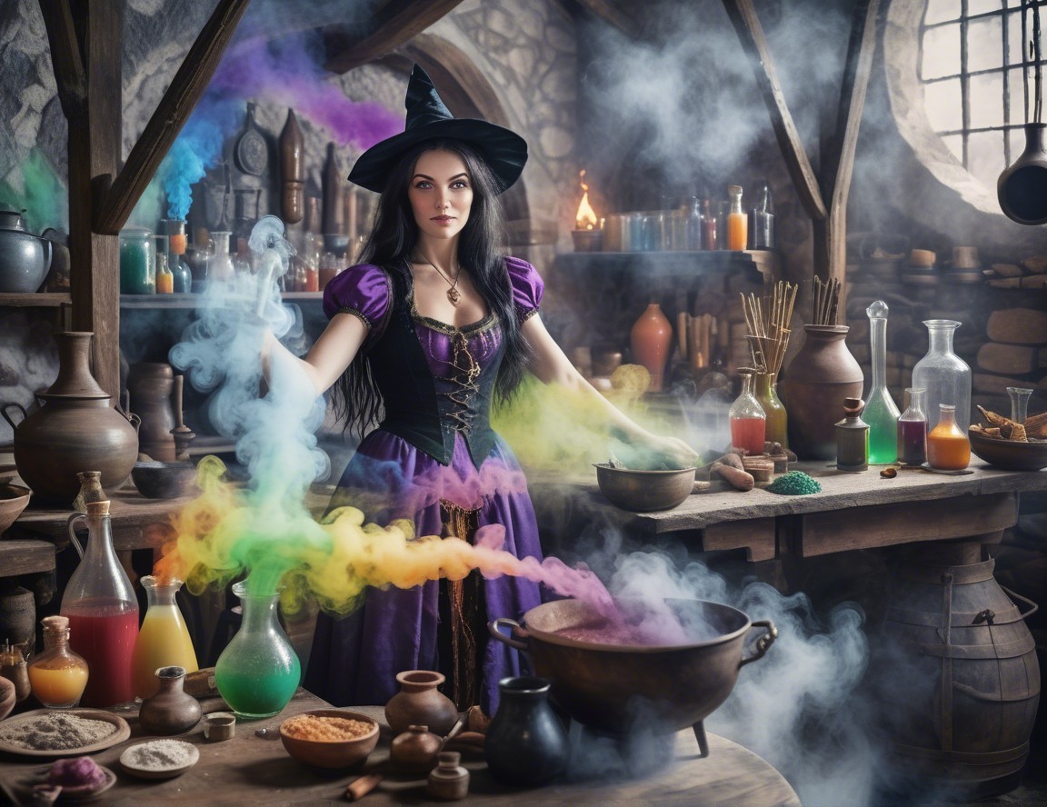 Young witch brewing potions in a dim apothecary