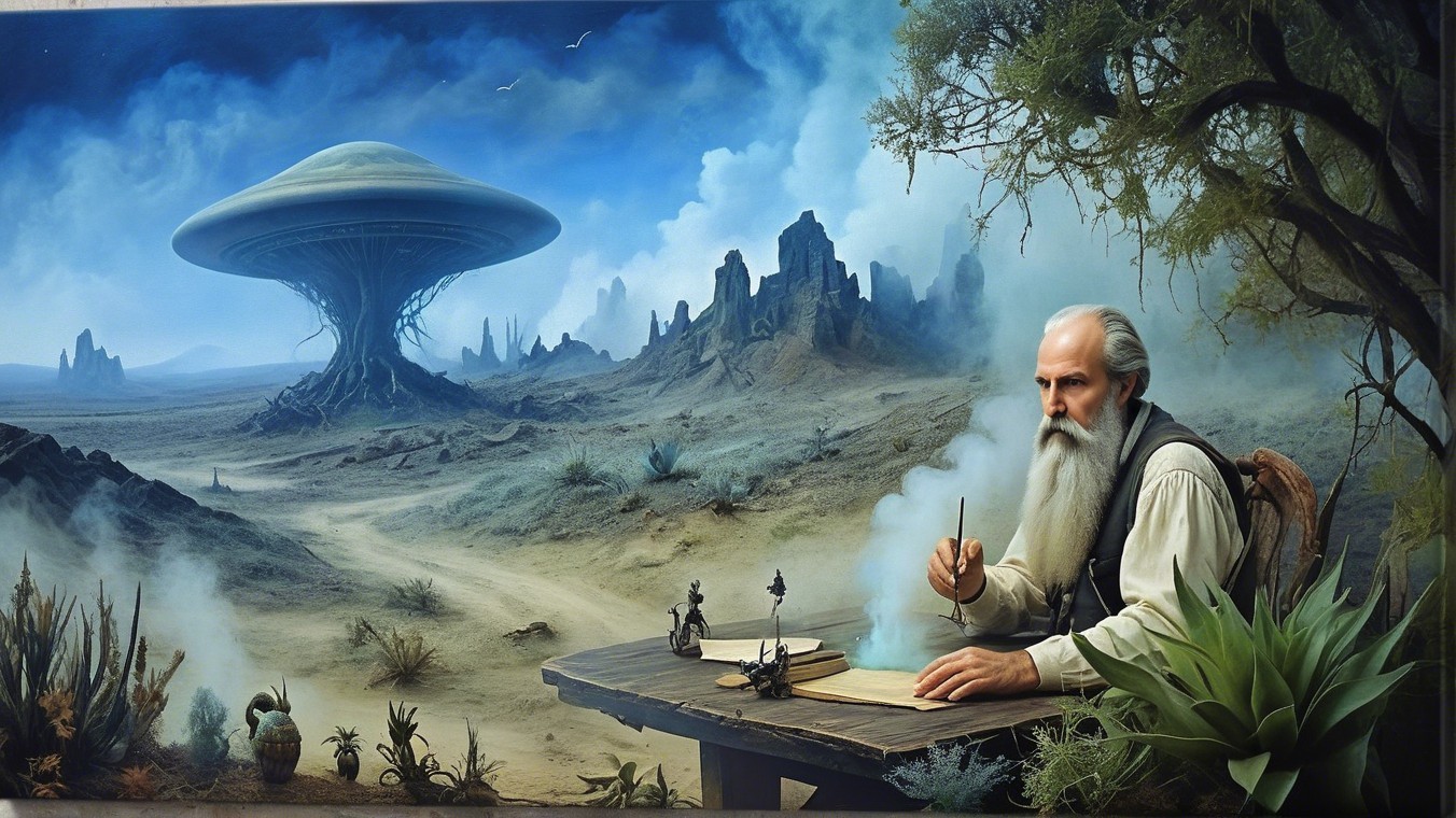 Surreal Landscape with Elderly Man and UFO