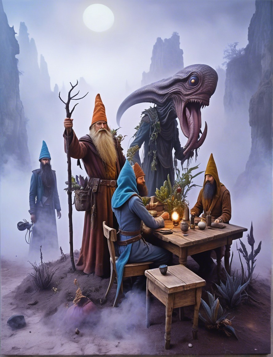 Gnomes in Colorful Hats at a Magical Meeting Scene
