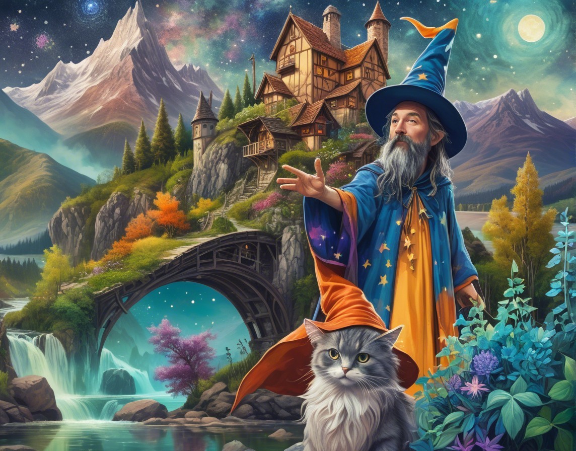 Wizard in Blue Robe with Cat Near Enchanted Castle