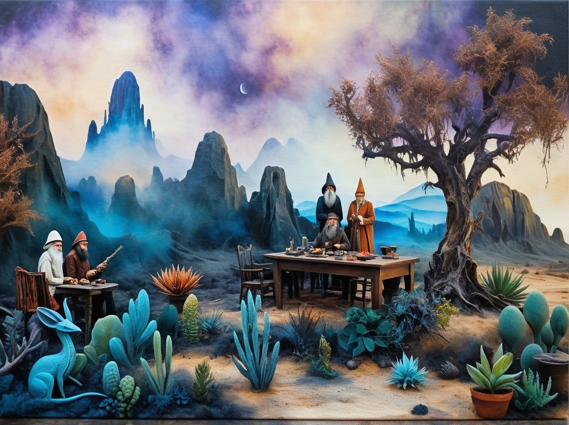 Surreal Desert Dining Scene with Gnome-Like Figures